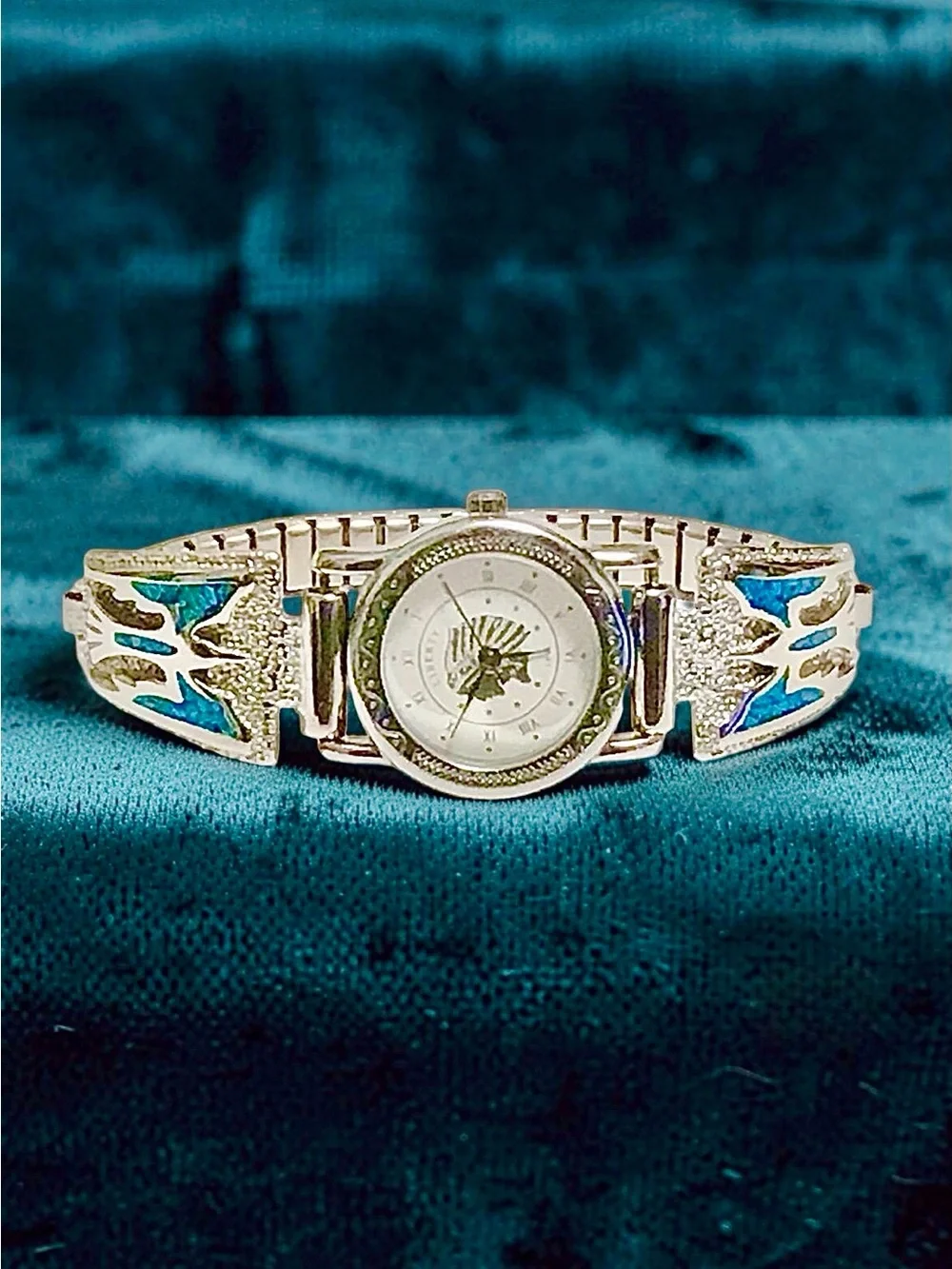 Silver Indian Chief Watch with Sterling Navajo Turquoise Inlay Thunderbird Tips